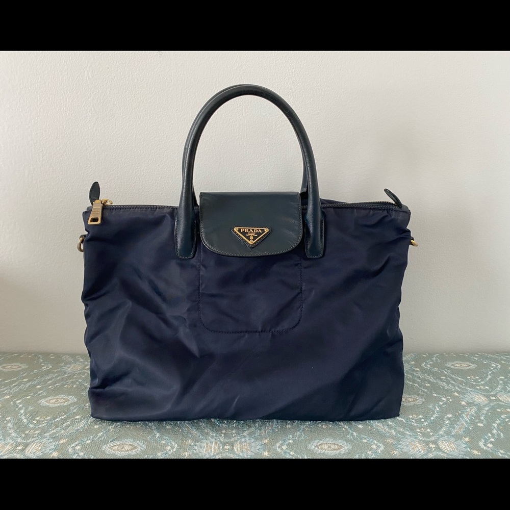 PRADA
Navy Blue Tessuto Nylon and Saffiano Leather Tote Bag